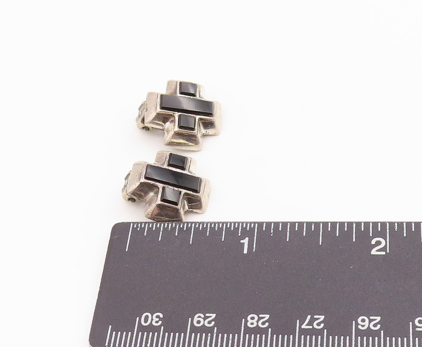 925 Sterling Silver Vintage Earrings Onyx Inlay Plus Sign Clip Back EG13542
