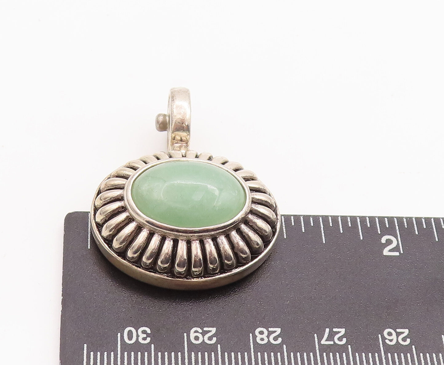 925 Sterling Silver Vintage Pendant ESPO Domed Oval Green Agate Etched PT23252
