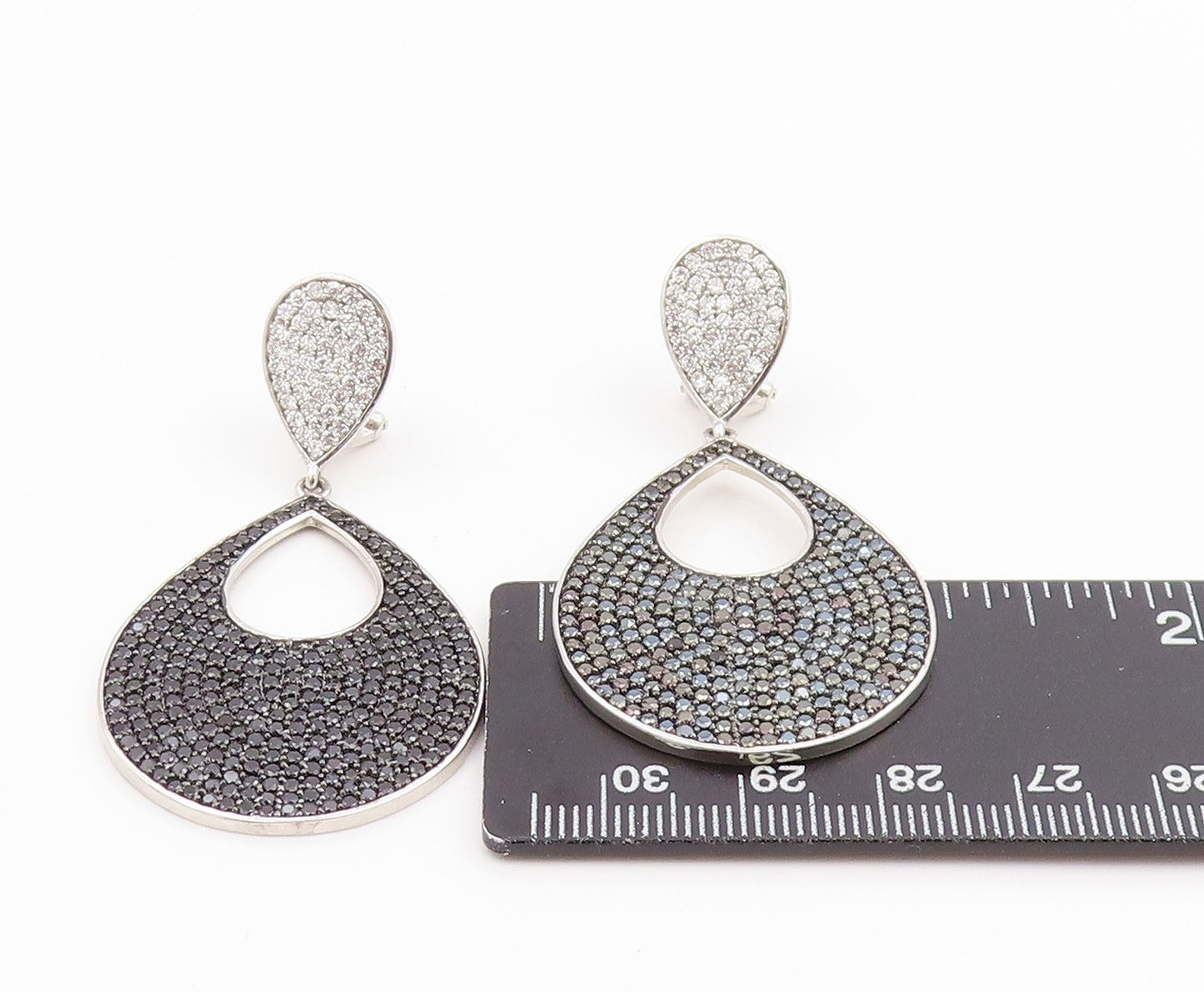 925 Sterling Silver Vintage Earrings Black Spinel & CZ Teardrop Cluster EG14227