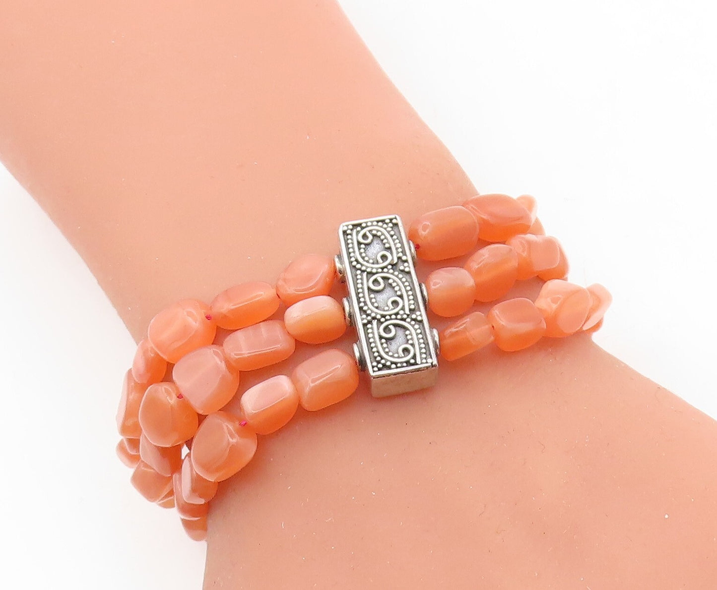 925 Sterling Silver Vintage Carnelian Multi Strand Beaded Bracelet BT2594