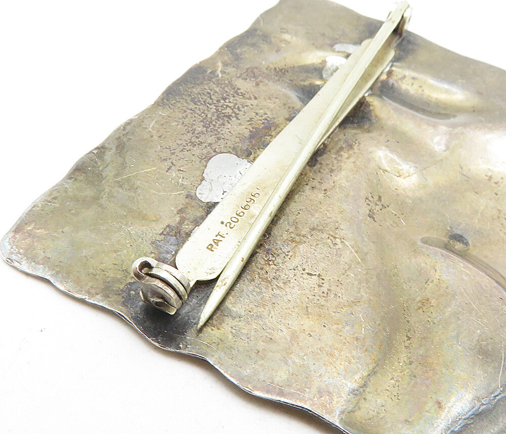 925 Sterling Silver Vintage Modernist Hammered Woman Square Brooch Pin BP3339