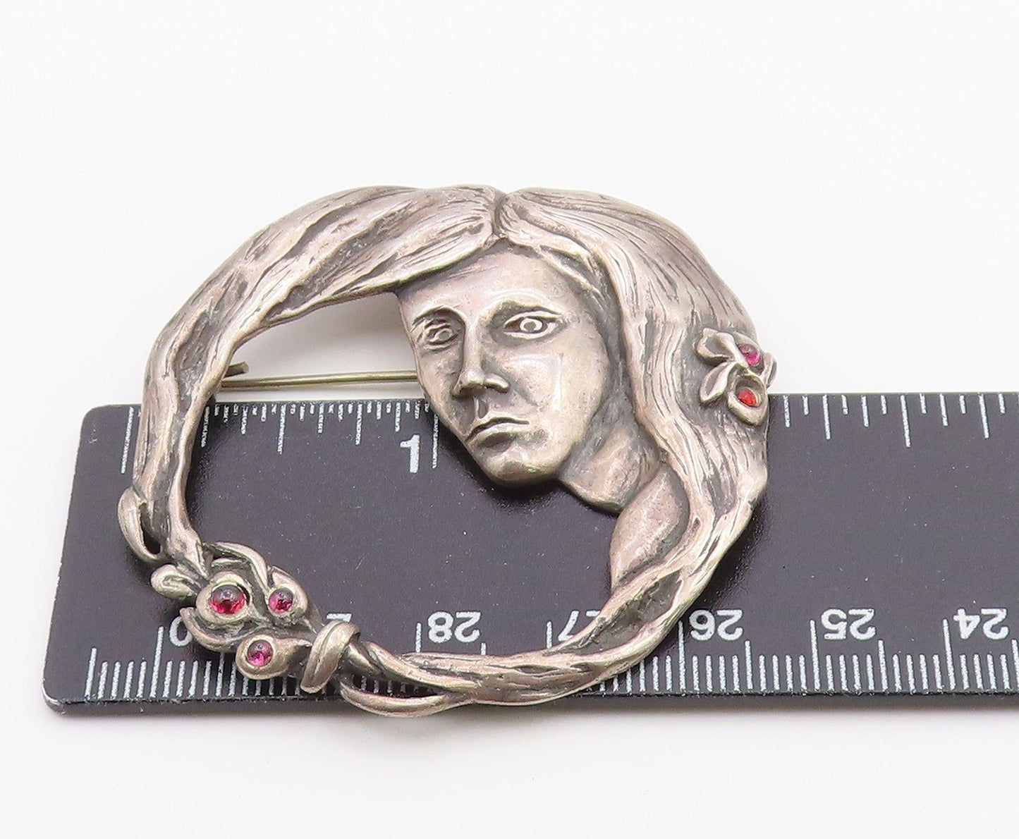 925 Sterling Silver Vintage Modernist Garnet Woman Face Brooch Pin BP9097