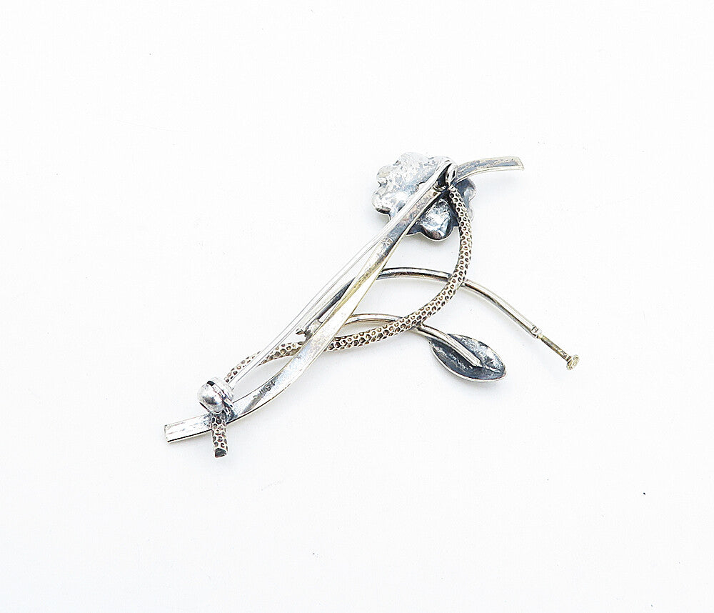 925 Sterling Silver Vintage Red Topaz Shiny Floral Vine Brooch Pin BP1154