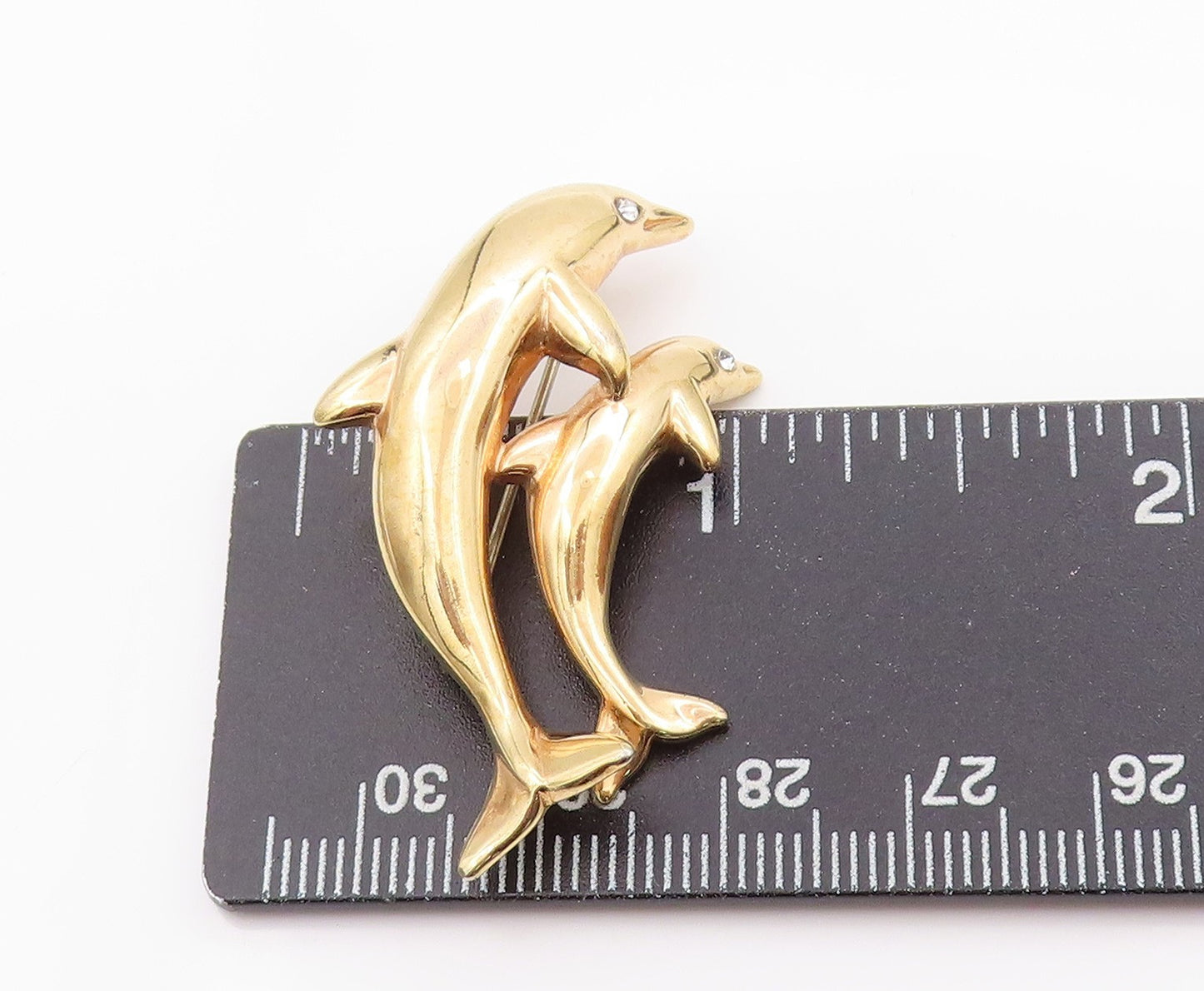 925 Sterling Silver Vintage Brooch Gold Plated CZ Dolphin Mother & Baby BP11806