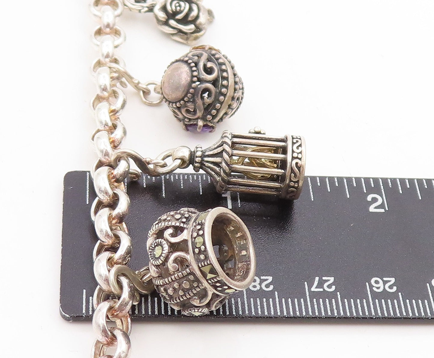 925 Sterling Silver Vintage Bracelet Multi Gemstone Storyteller Charms BT11757