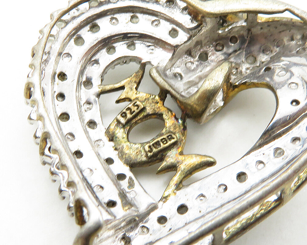 925 Sterling Silver Vintage Genuine Diamonds Open Love Heart Pendant PT15548