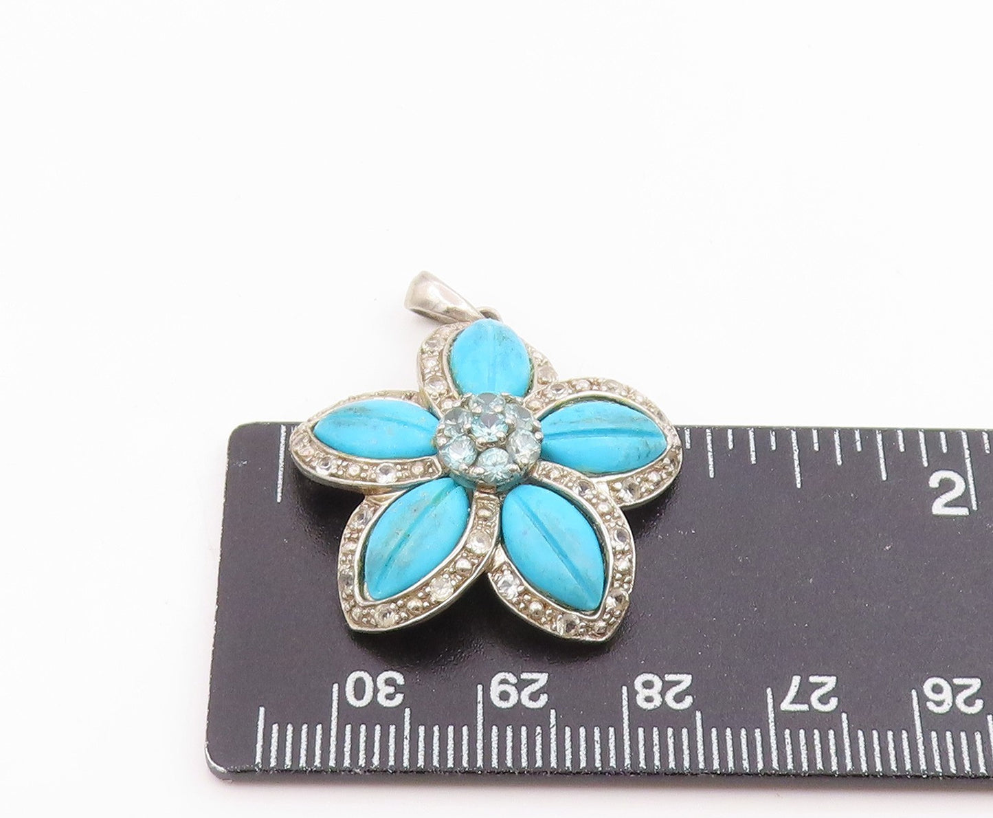 925 Sterling Silver Vintage Pendant Turquoise & Blue Topaz Floral Petal PT26109