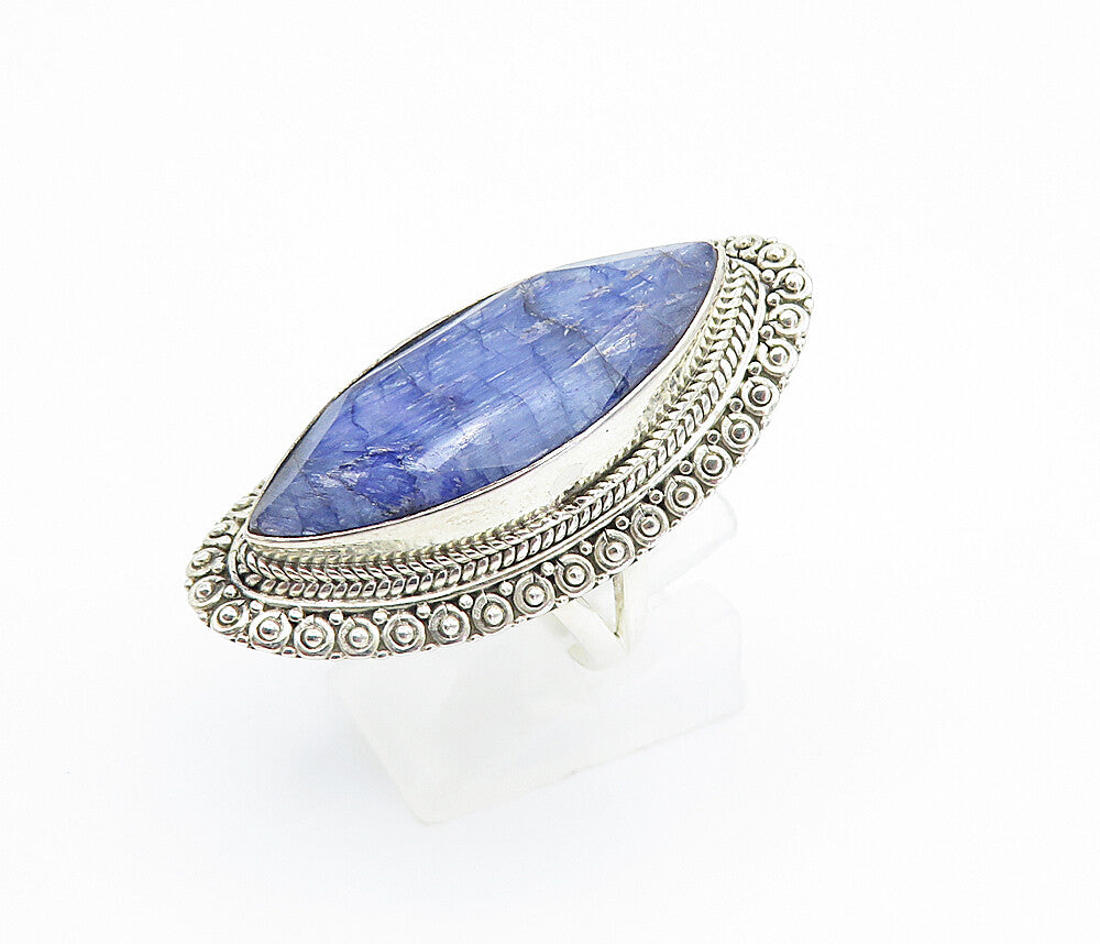 925 Sterling Silver Sapphire Pointed Oval Shiny Cocktail Ring Sz 7 RG8156
