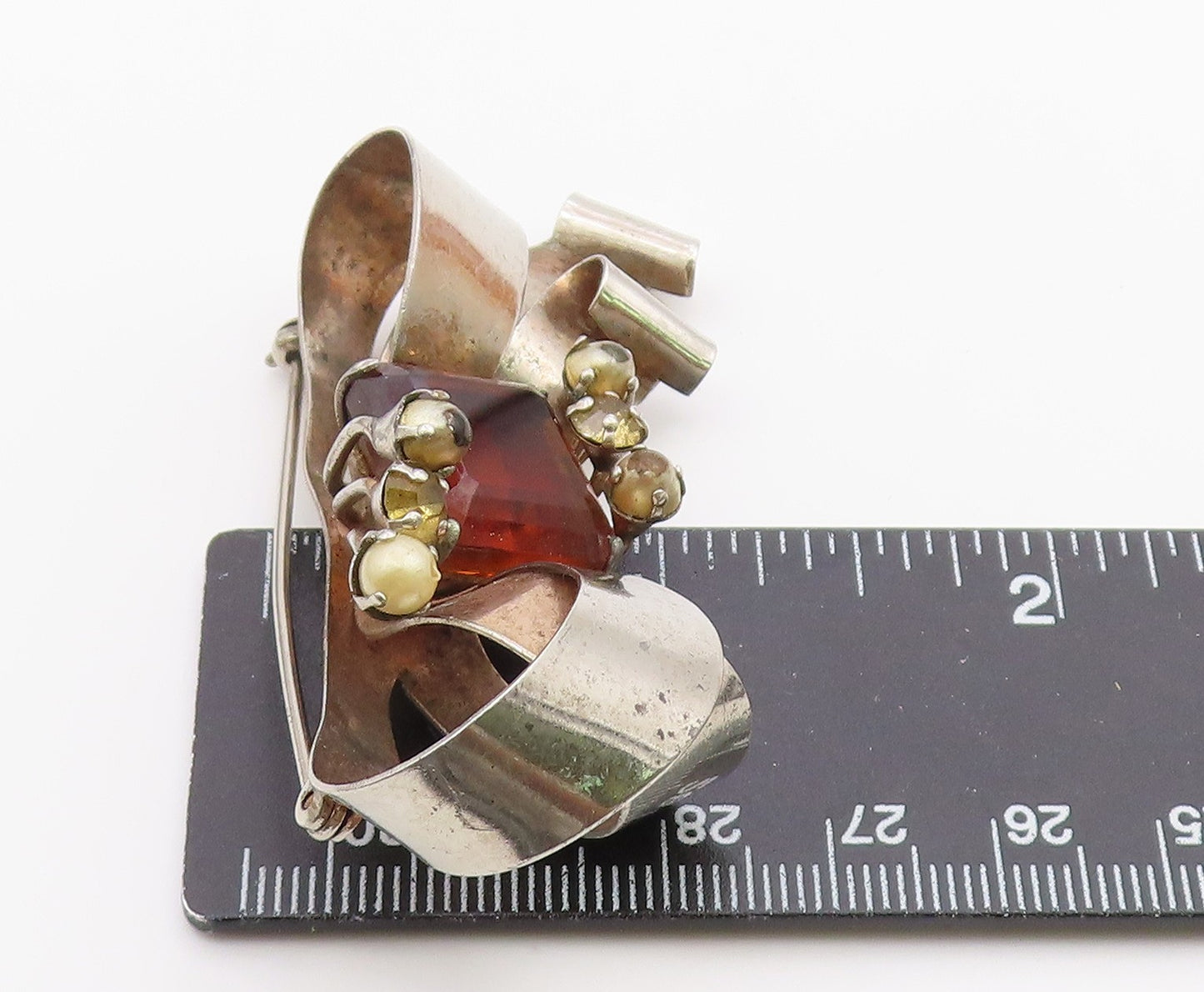 925 Sterling Silver Vintage Citrine & Petite Pearls Ribbon Brooch Pin BP6172