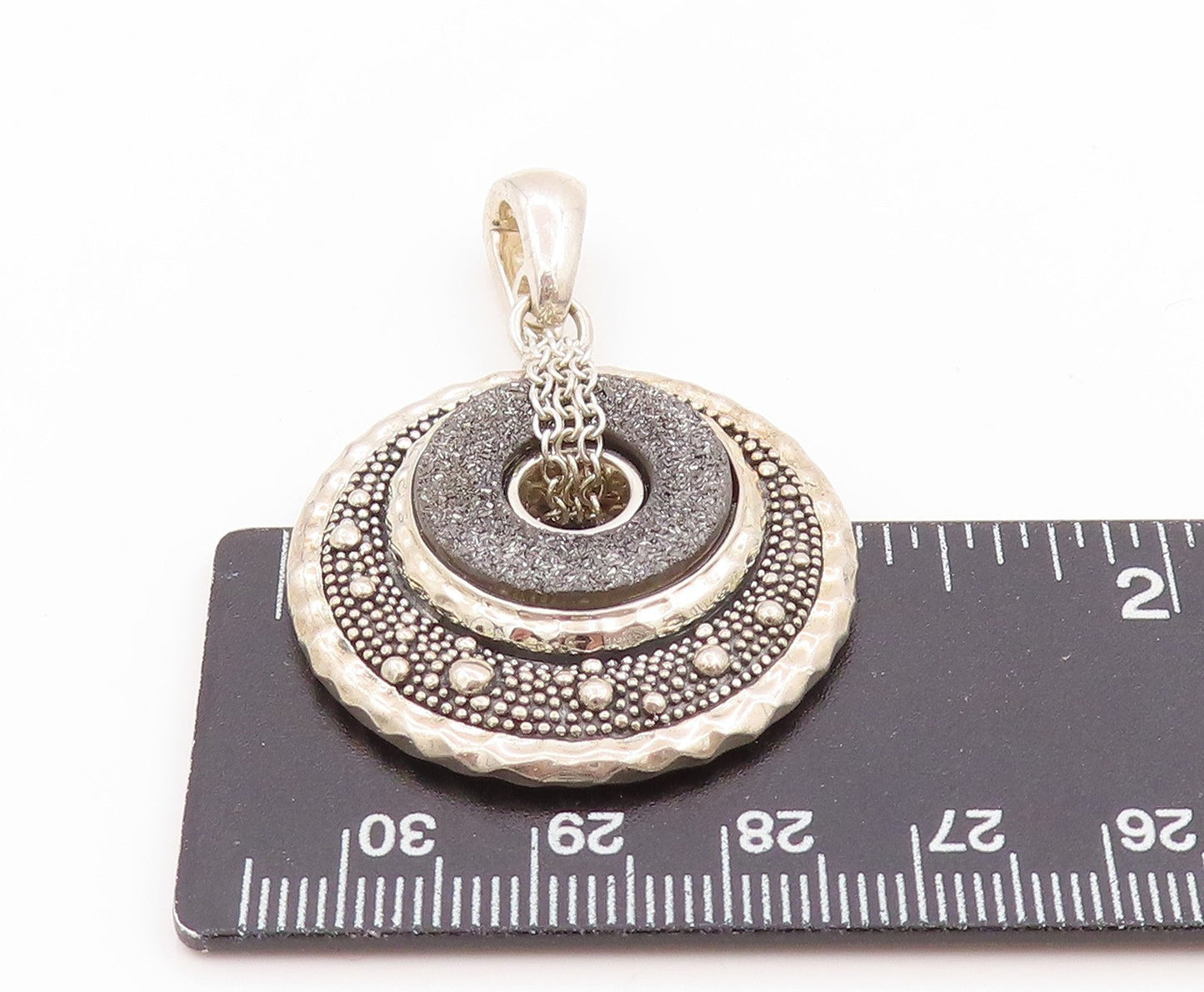 925 Sterling Silver Vintage Pendant MICHAEL DAWKINS Drusy Quartz Medal PT25802