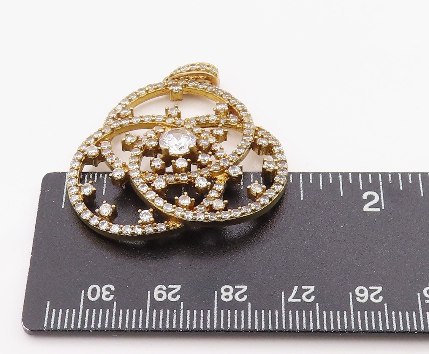 925 Sterling Silver Vintage Pendant Gold Plated Round CZ Trilogy Knot PT24906