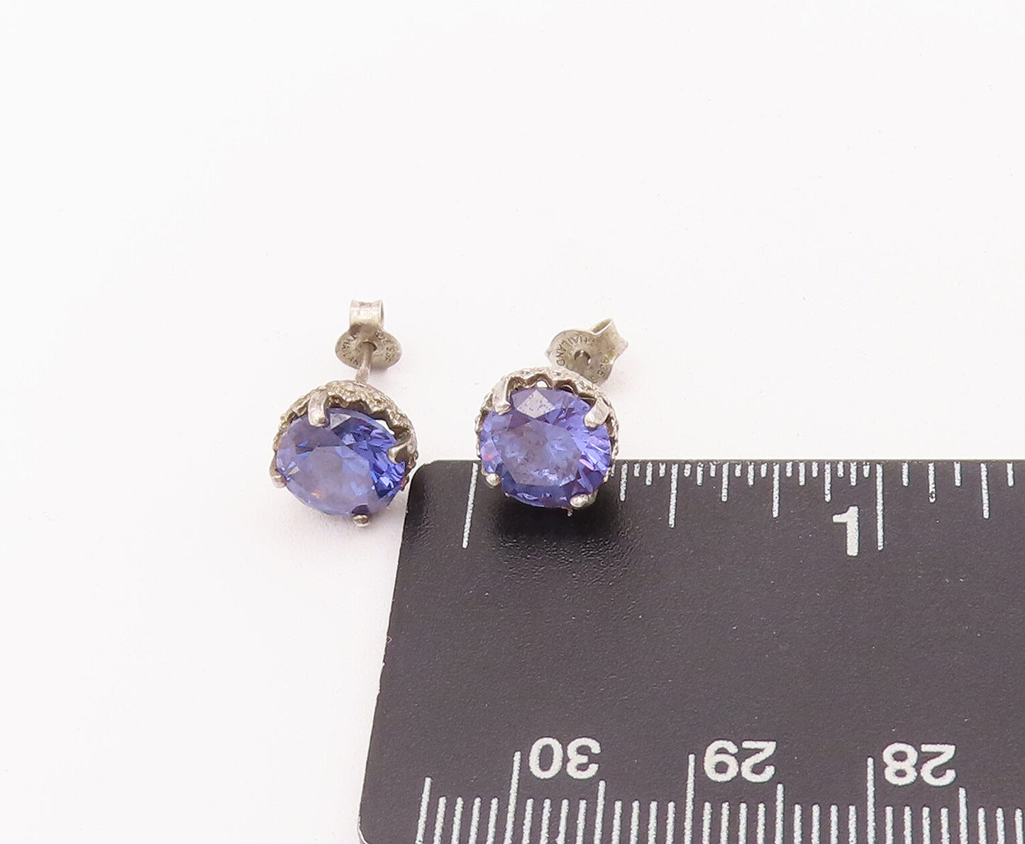 925 Sterling Silver Vintage Earrings Round Cut Purple CZ Carved Studs EG12901