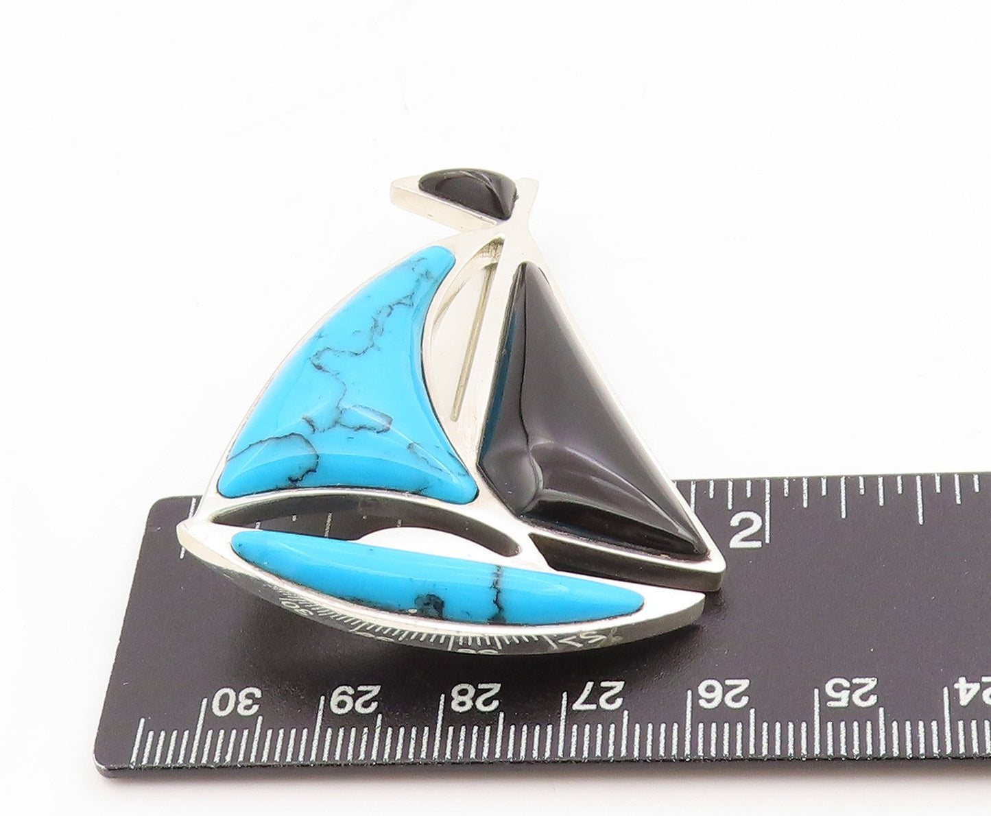 925 Sterling Silver Vintage Brooch MEXICO Turquoise & Onyx Sailboat Pin BP12016