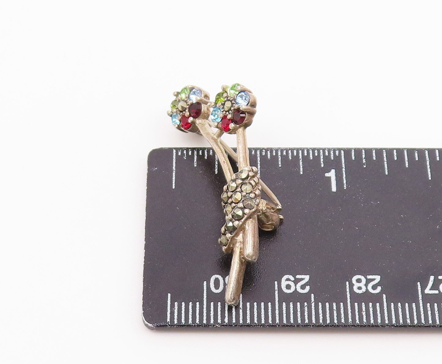 925 Silver Vintage Beautiful Garnet & Multi Stone Flower Brooch Pin BP9774