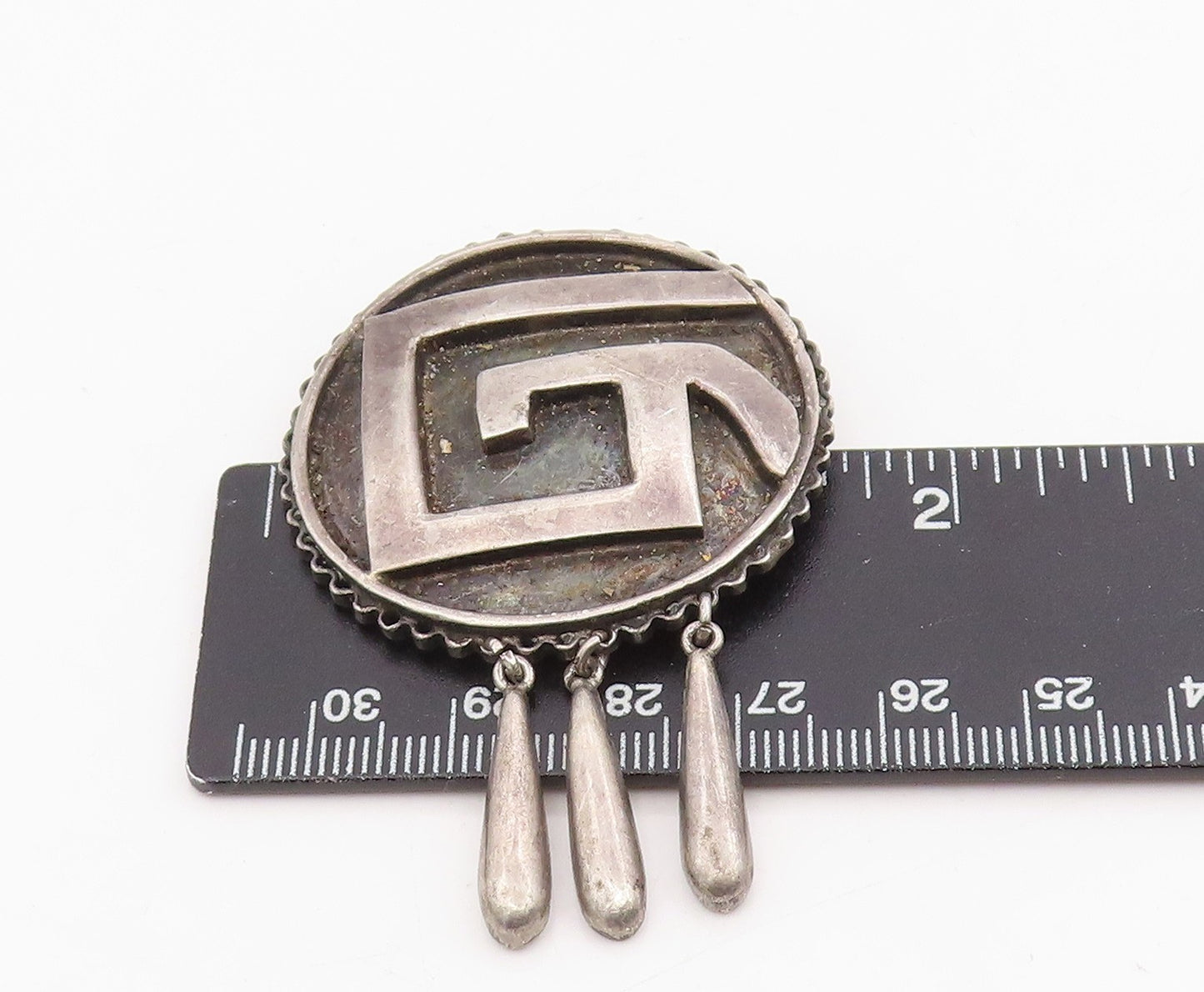925 Sterling Silver Vintage Brooch Mayan Tribal Round Dangling Pin BP12250