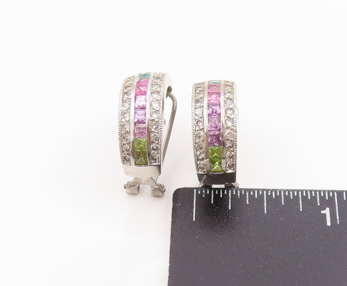 925 Sterling Silver Vintage Earrings Multi Gemstone Channel Set Hoops EG13740