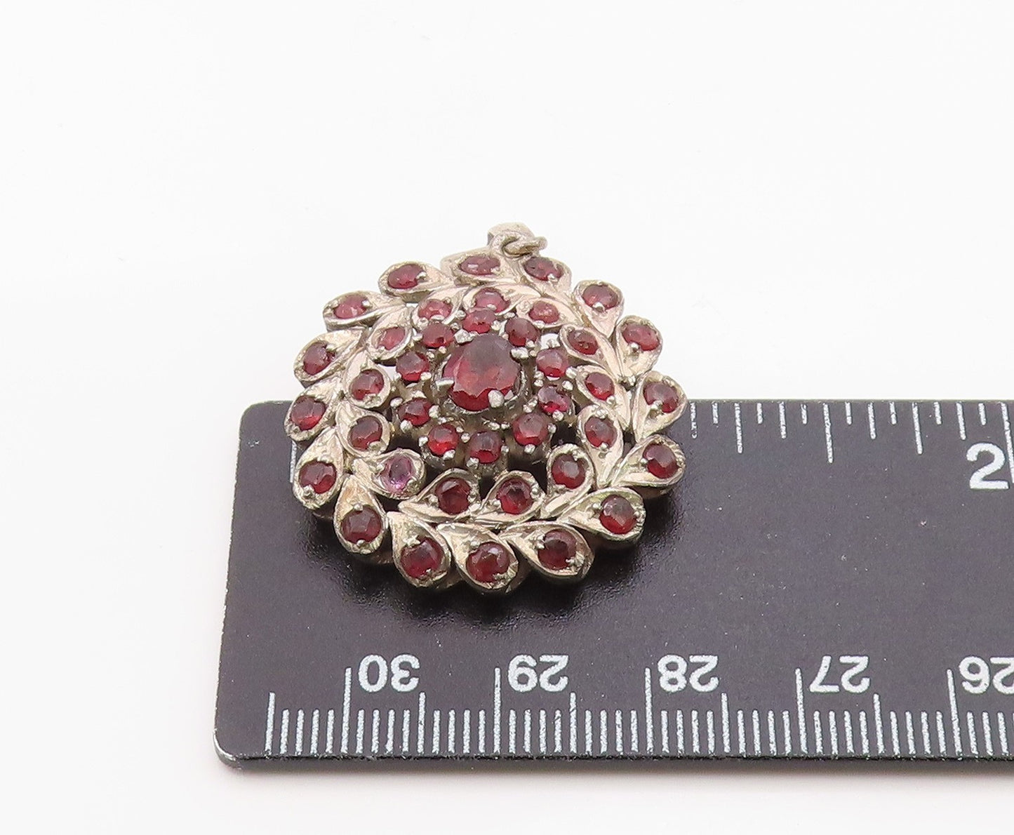 925 Sterling Silver Vintage Pendant Garnet Bohemian Floral Starburst PT26330