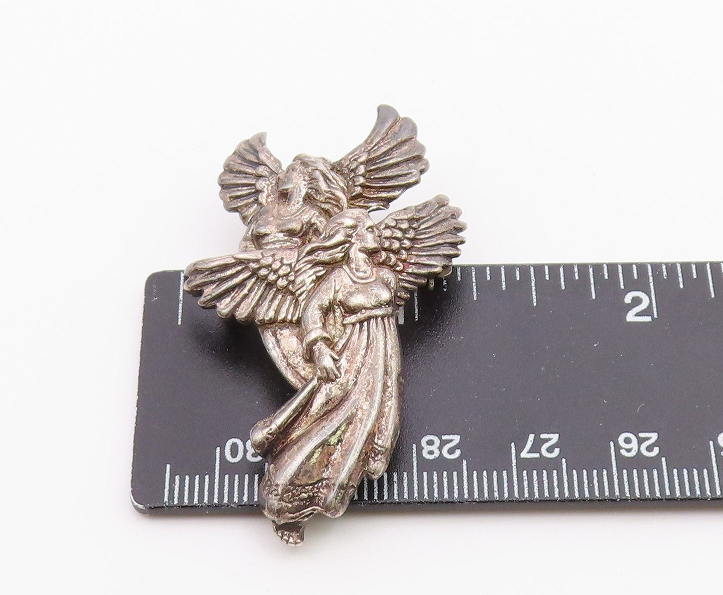 925 Sterling Silver Vintage Double Flying Female Angels Brooch Pin BP9699