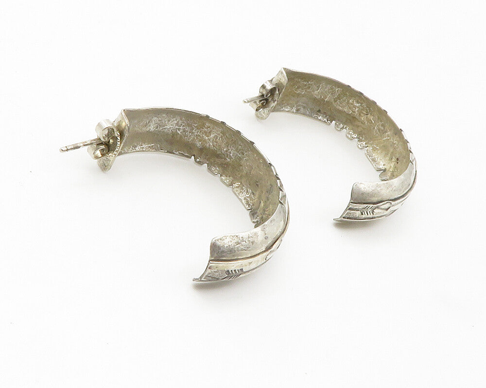 NAVAJO 925 Sterling Silver Vintage Etched Detail J Hoop Earrings EG7205