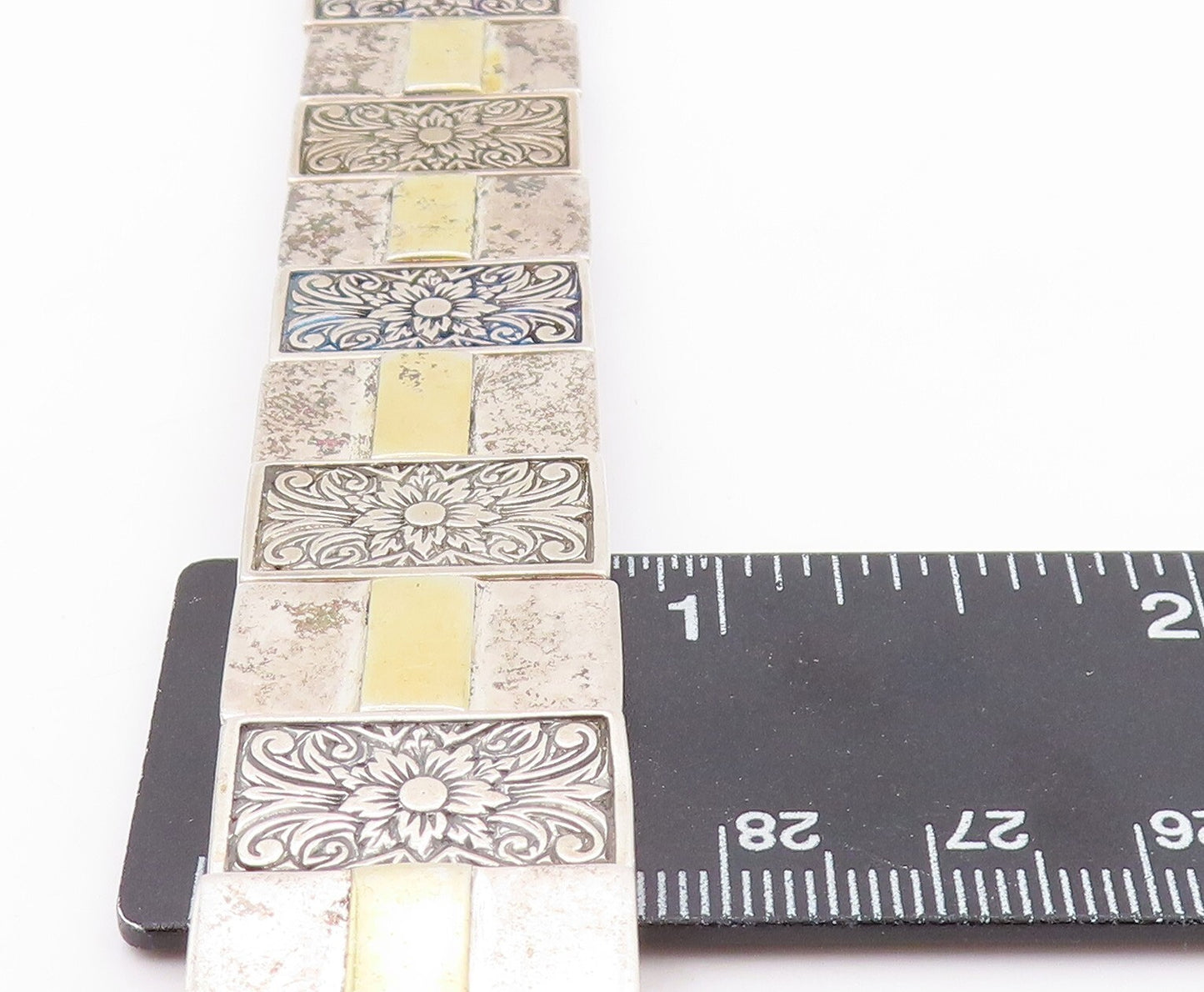14k Gold 925 Sterling Silver Vintage Bracelet ISRAEL Floral Design BT11044