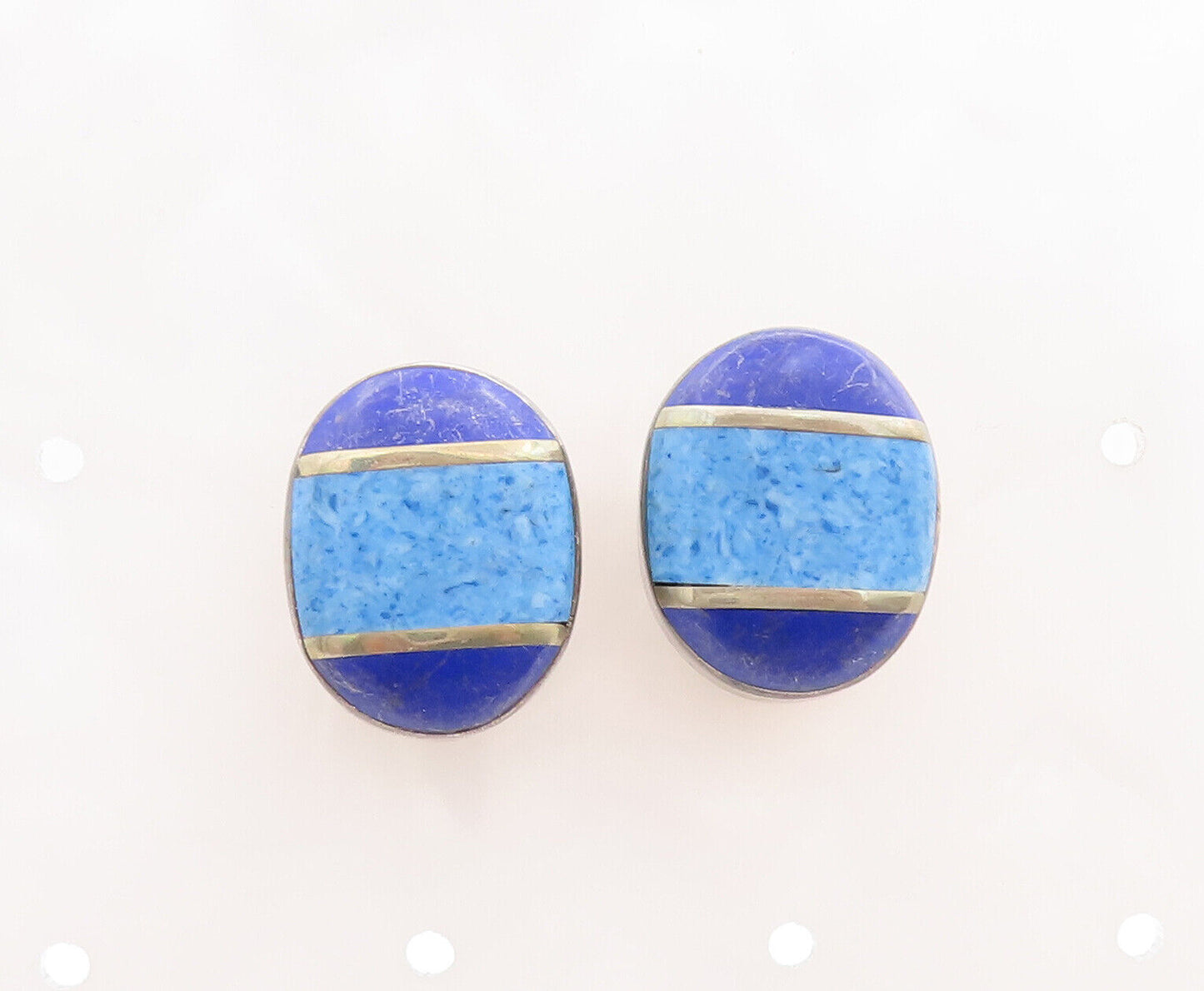 925 Sterling Silver Vintage Earrings MEXICO Oval Inlay Lapis Lazuli EG13072