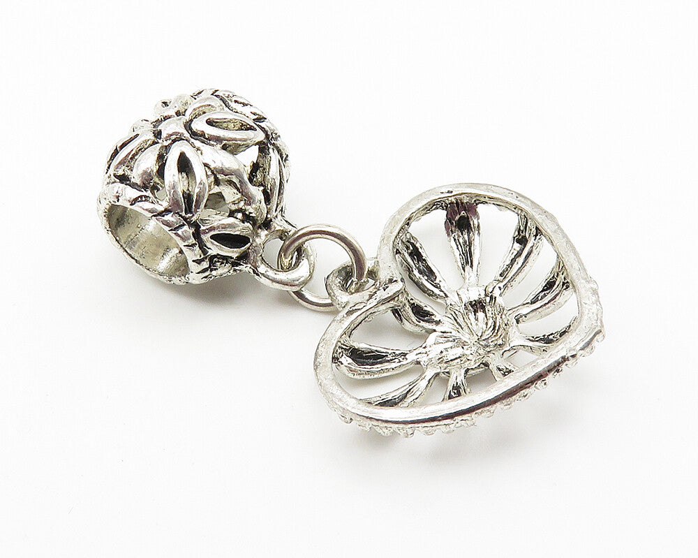 925 Sterling Silver Vintage Love Heart Dome Floral Bail Drop Pendant PT8257