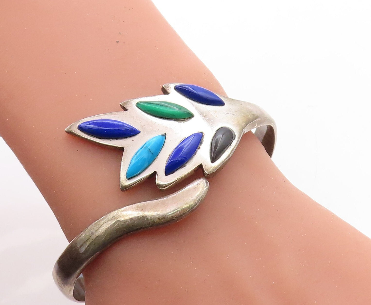 TAXCO MEXICO 925 Silver Vintage Lapis Lazuli Turquoise & Onyx Bracelet BT2017
