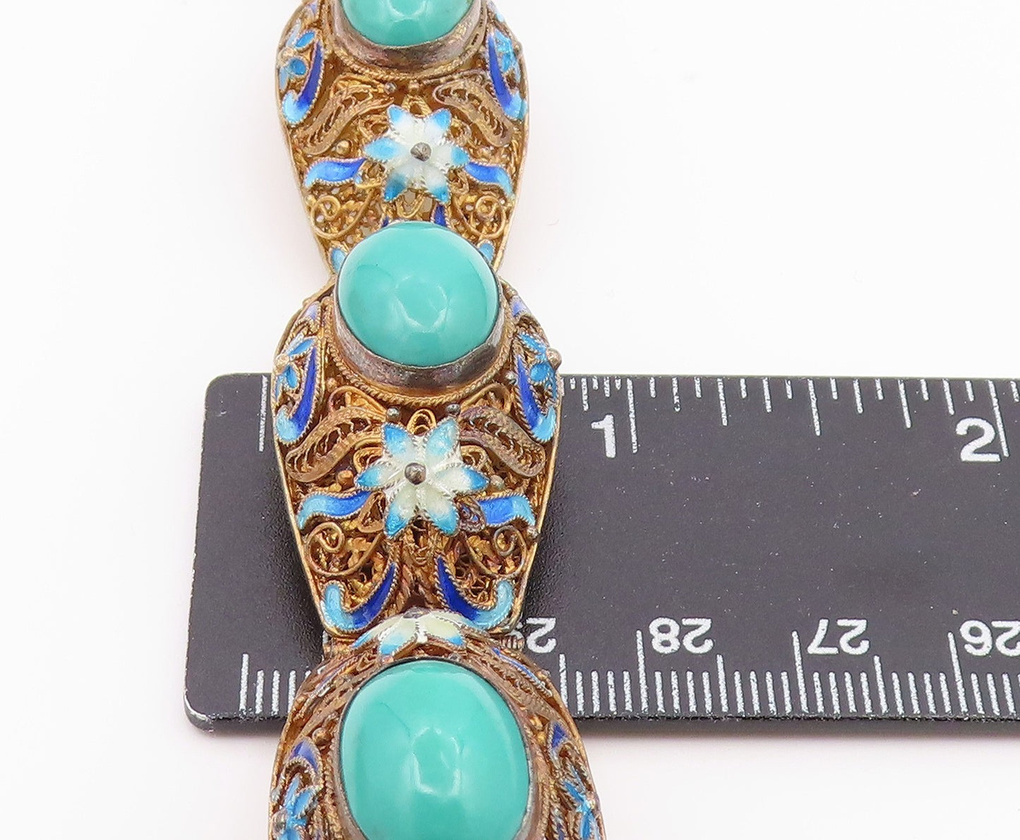 925 Sterling Silver Vintage Bracelet CHINESE EXPORT Turquoise Filigree BT12192
