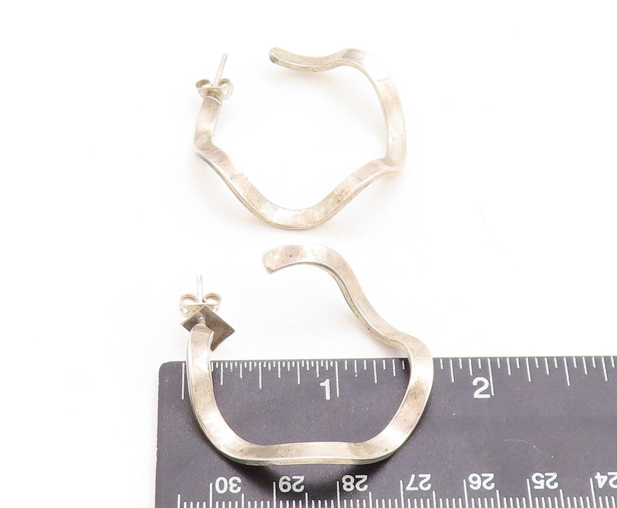 925 Sterling Silver Vintage Earrings Brutalist Wave Design Cutout Hoops EG13304