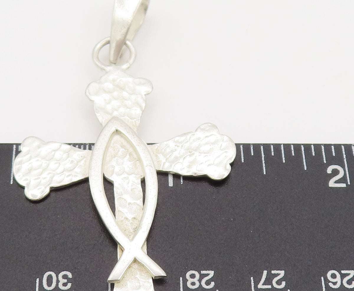925 Sterling Silver Vintage Hammered Cross Cut Fish Back Pendant PT22362