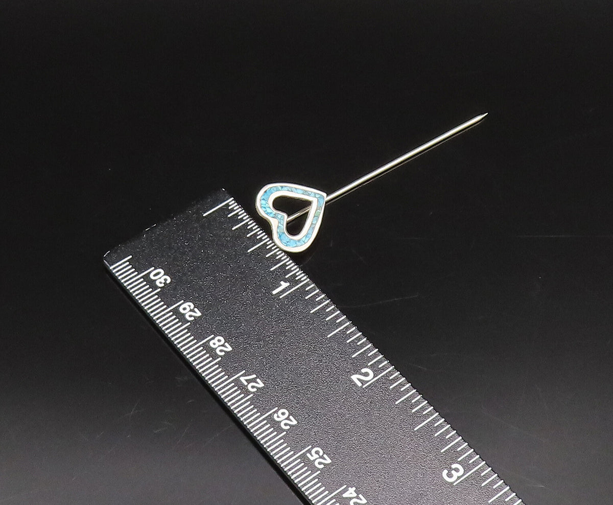 SOUTHWESTERN 925 Silver Vintage Crushed Turquoise Love Heart Lapel Pin TR3467