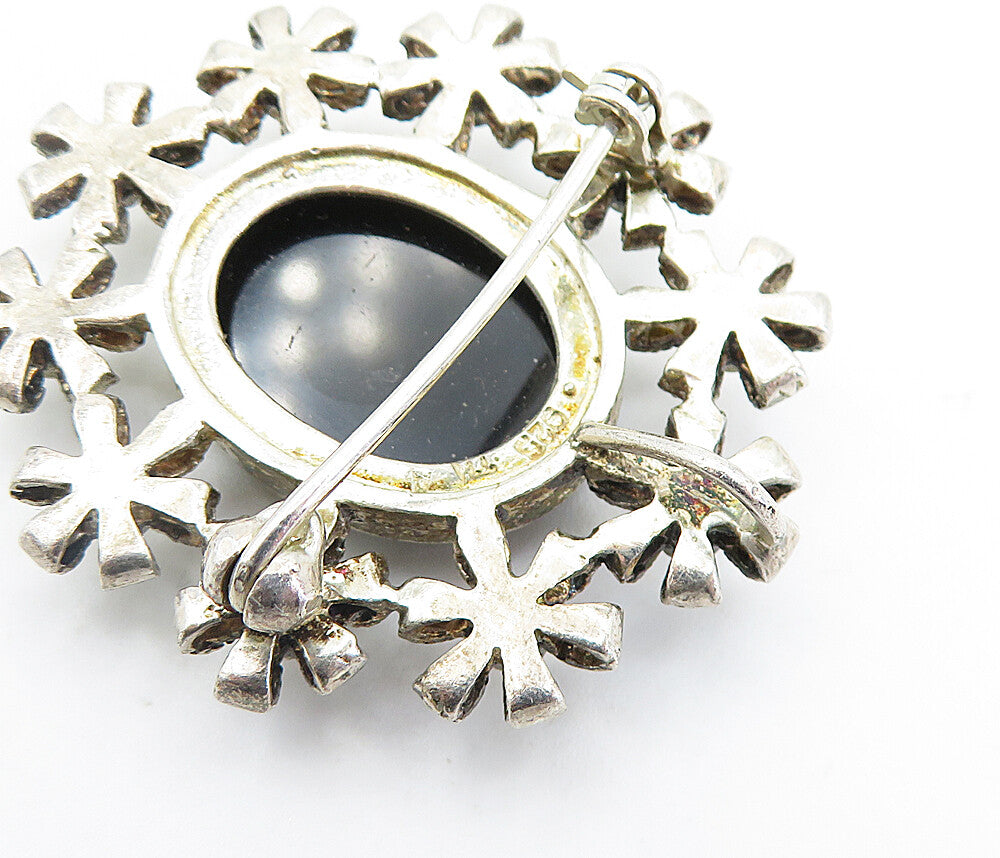 925 Silver Vintage Mother Of Pearl & Black Onyx Cameo Brooch Pin BP2587