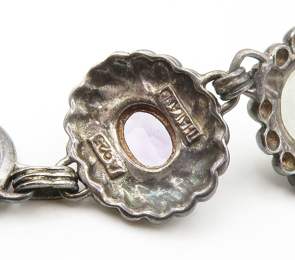 925 Silver Vintage Mother Of Pearl Amethyst & Topaz Chain Bracelet BT5975