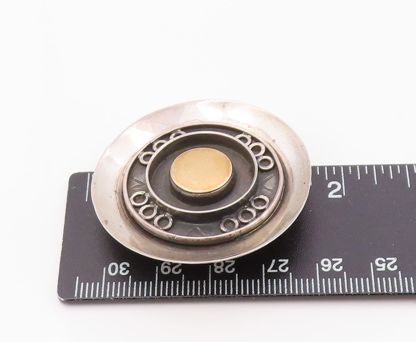 14k Gold & 925 Sterling Silver Vintage Brooch Modernist Circular Pin BP12546