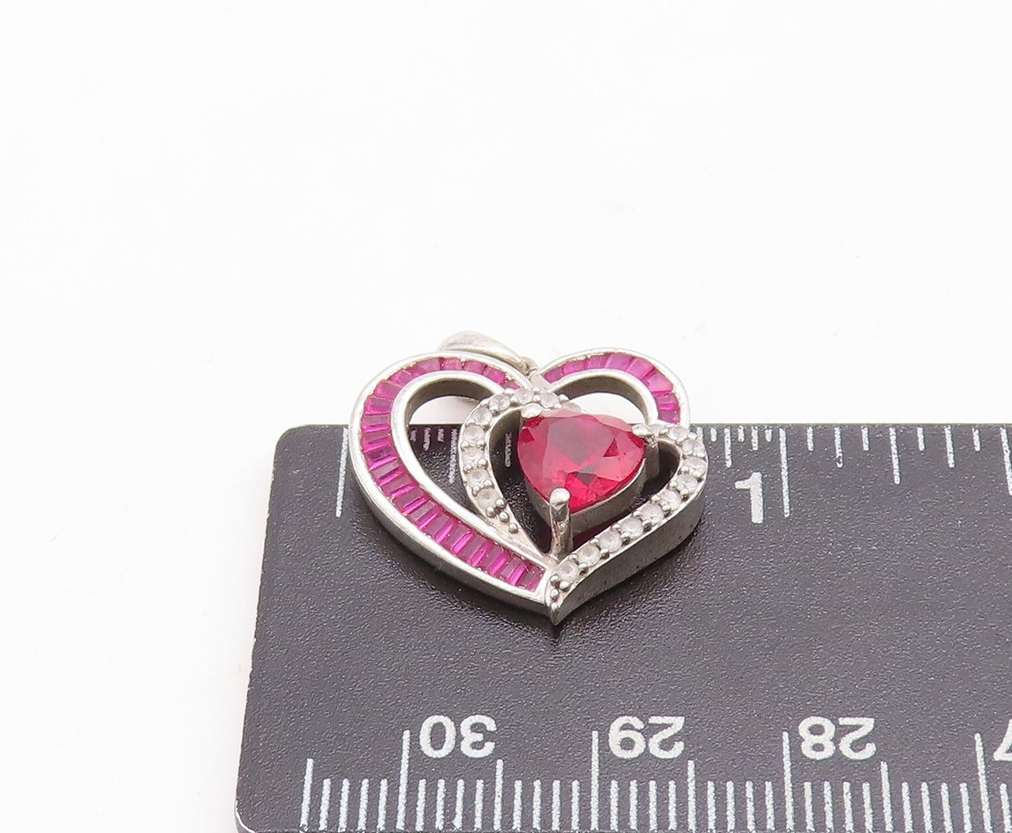 925 Sterling Silver Vintage Pendant Designer Cut Pink & White CZ Hearts PT23699
