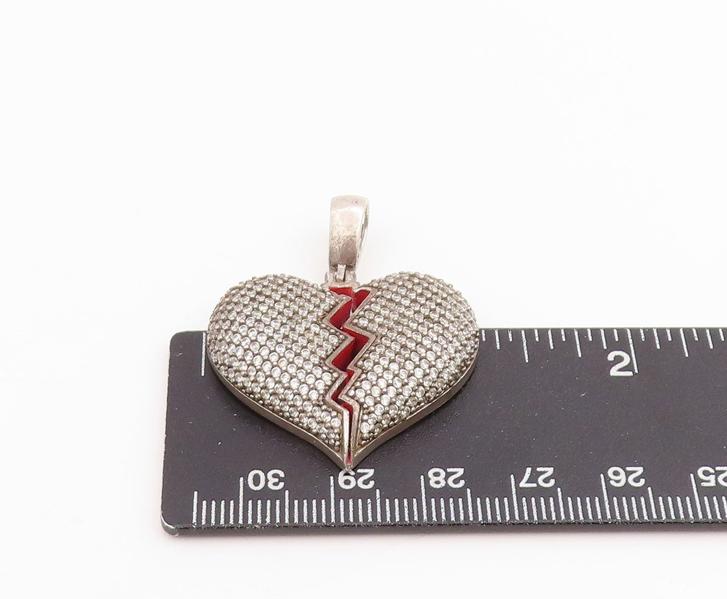 925 Sterling Silver Vintage Pendant CZ Enamel Broken Love Heart Charm PT25787