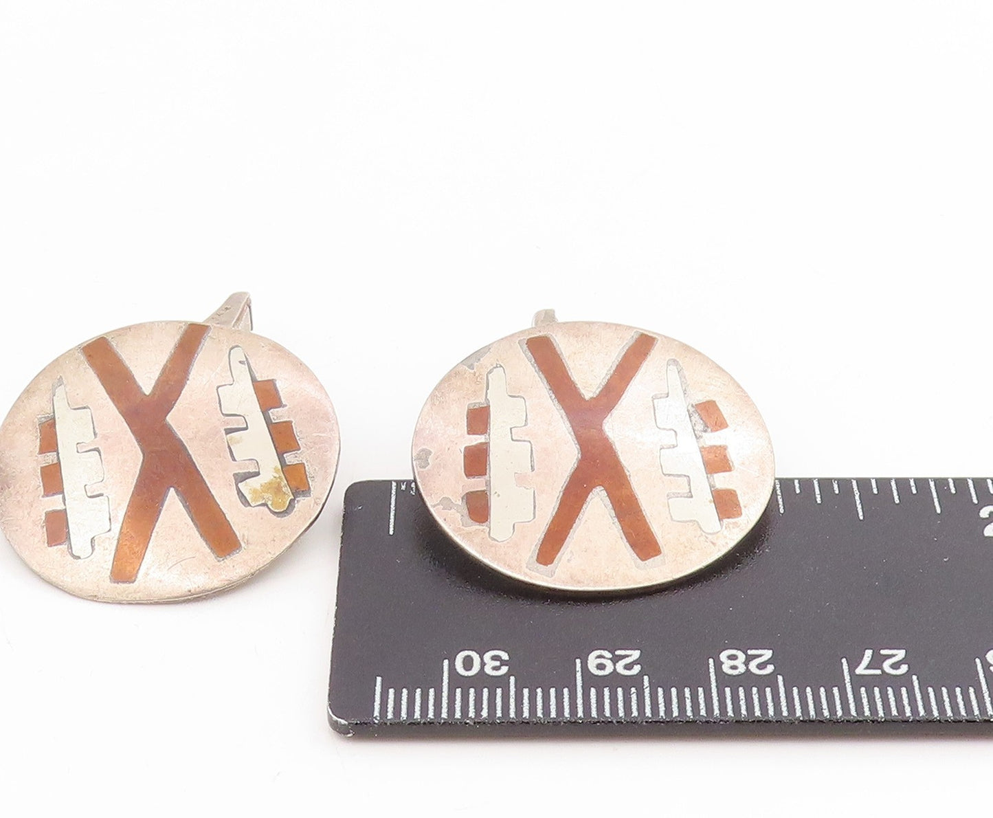 925 Sterling Silver Vintage Cufflinks TAXCO Aztec Geometric Inlay Discs TR4190