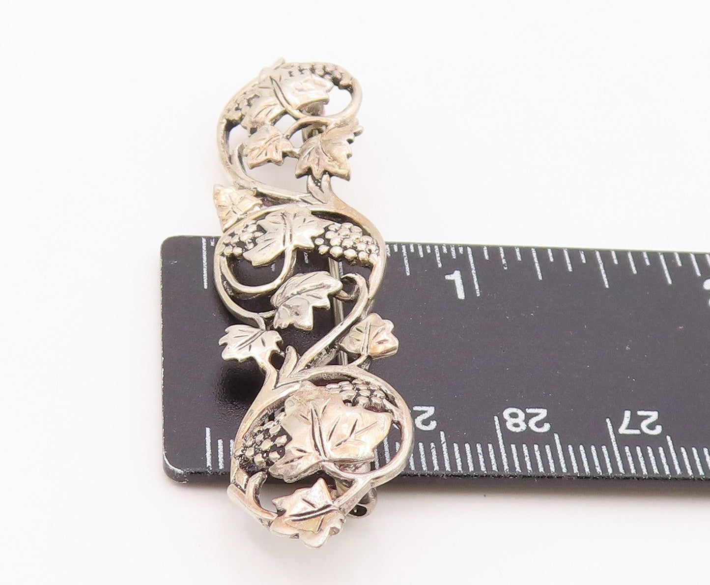 925 Sterling Silver Vintage Brooch Pin MFA Classic Grapevine & Leaf Bar BP12563