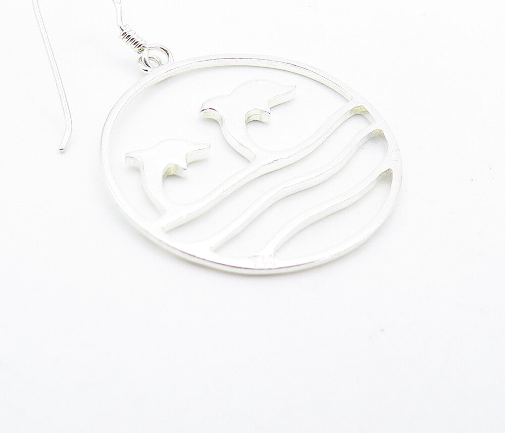 925 Sterling Silver Shiny Leaping Dolphins Scene Dangle Earrings EG3092