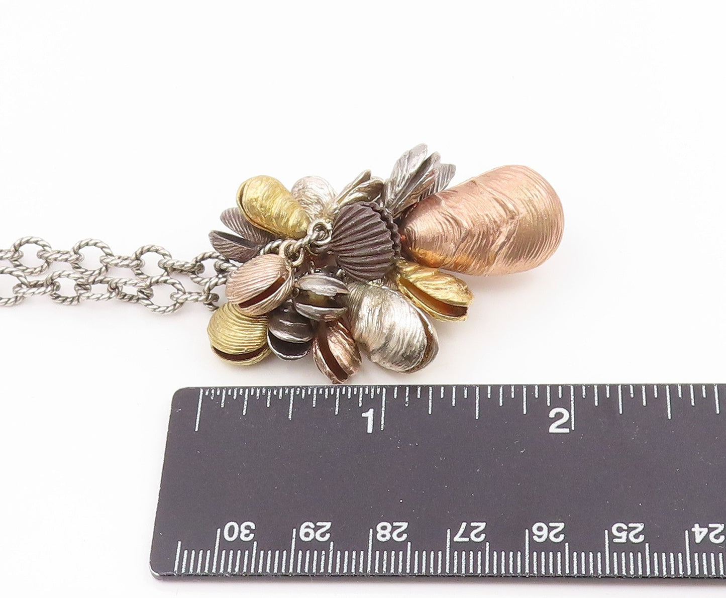 925 Sterling Silver Vintage Necklace Multi Tone Sea Shell Cluster Chain NE4818