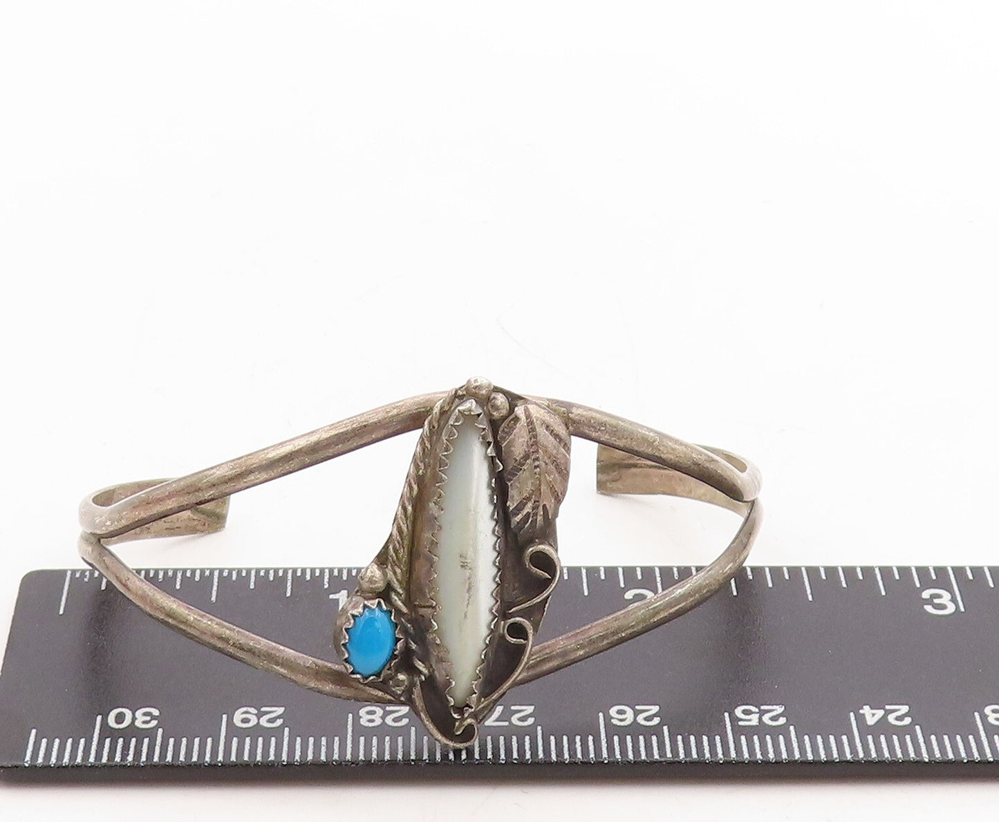 925 Sterling Silver Vintage Bracelet NAVAJO Mother Of Pearls Turquoise BT10961