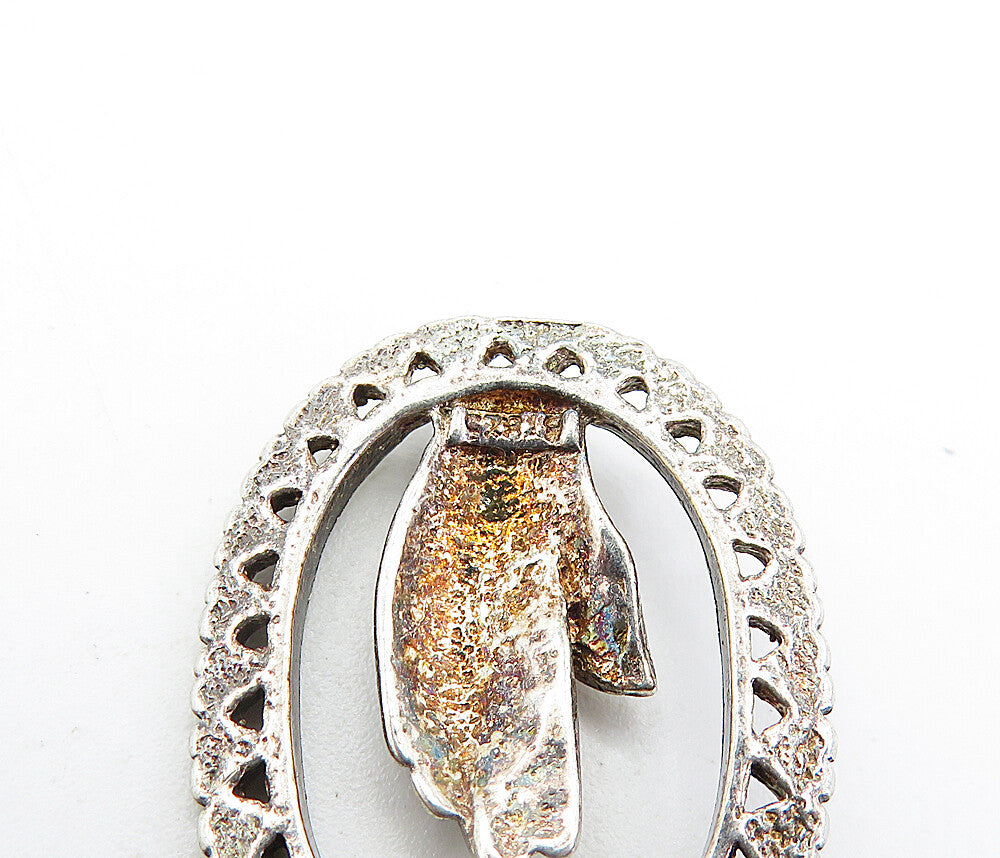 925 Sterling Silver Vintage Prayer Hands Oval Border Drop Pendant PT4696