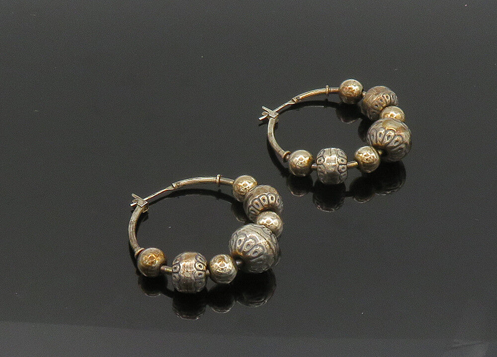 SOUTHWESTERN 925 Silver Vintage Dark Tone Floral Beaded Hoop Earrings EG10403