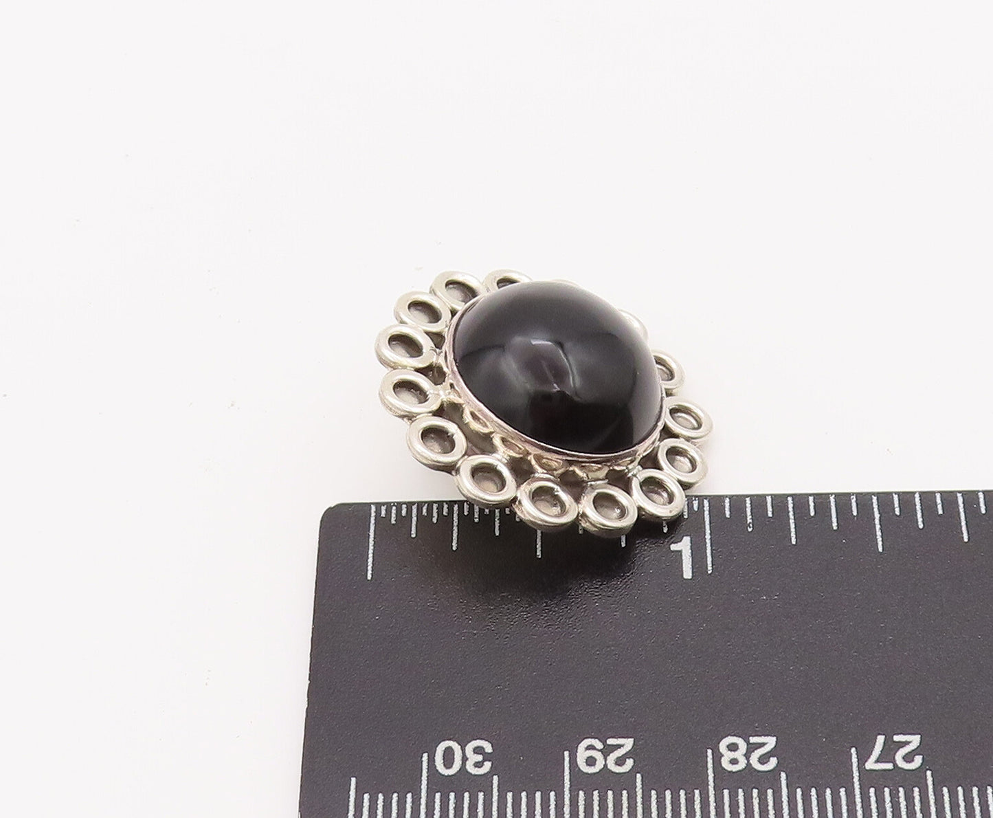 925 Sterling Silver Earrings MEXICO Cabochon Onyx Halo Carved Rings EG12841