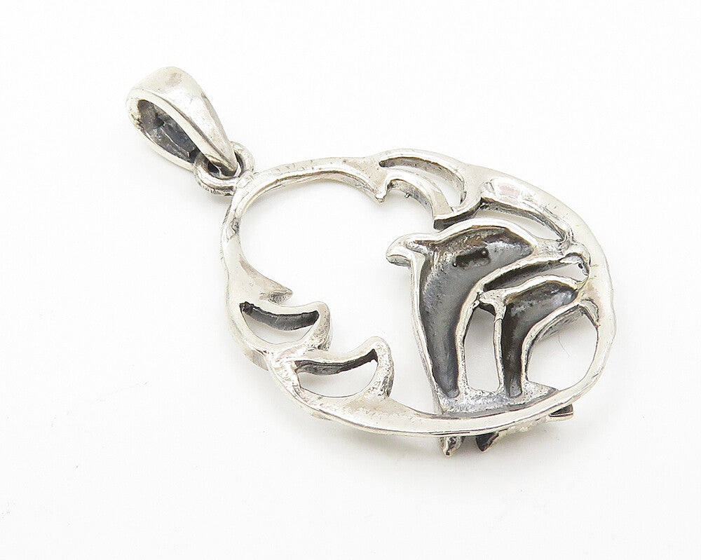925 Sterling Silver Vintage Double Leaping Dolphins Shiny Pendant PT8407