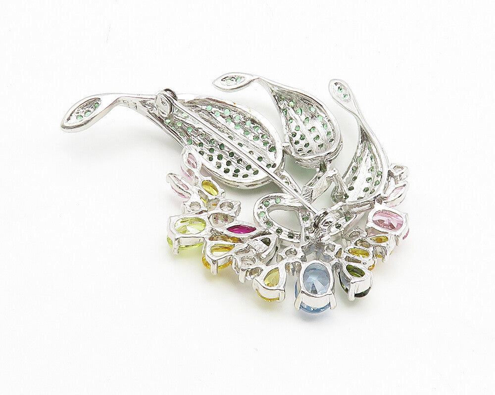 925 Sterling Silver Multi Color Cubic Zirconia Floral Motif Brooch Pin BP4265