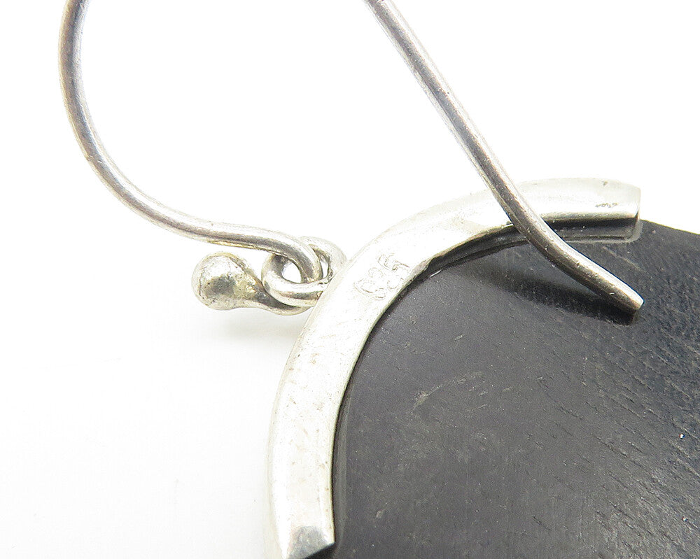 925 Sterling Silver Vintage Black Wooden Shiny Bail Drop Earrings EG3159