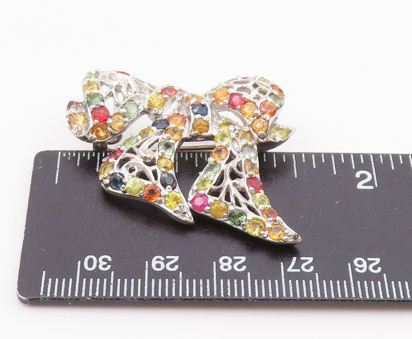 925 Sterling Silver Vintage Citrine Tanzanite Peridot Ribbon Bow Brooch BP8411