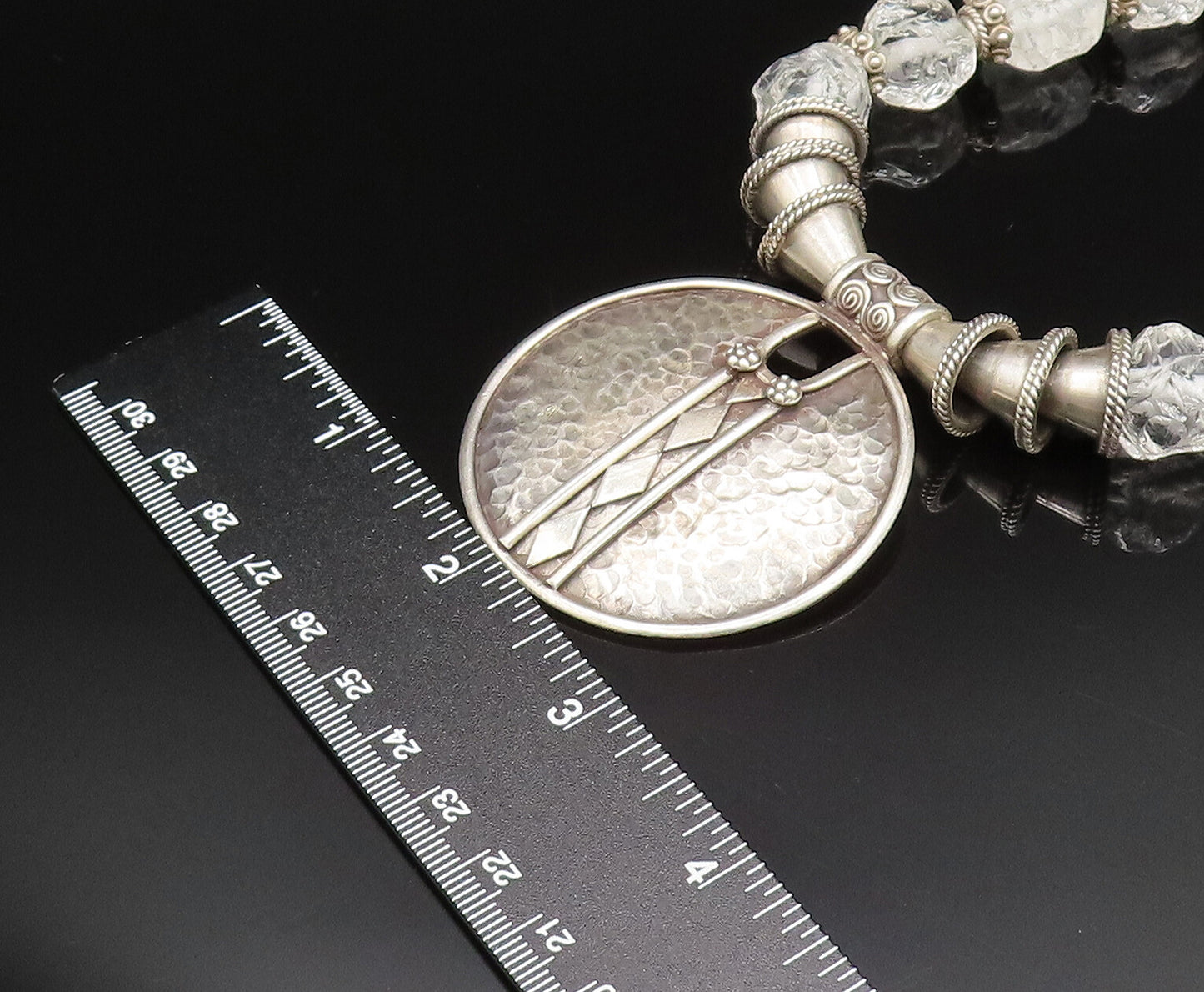 Solid Silver Vintage Heavy Hammered Circle Beaded Clear Stone Necklace NE3916