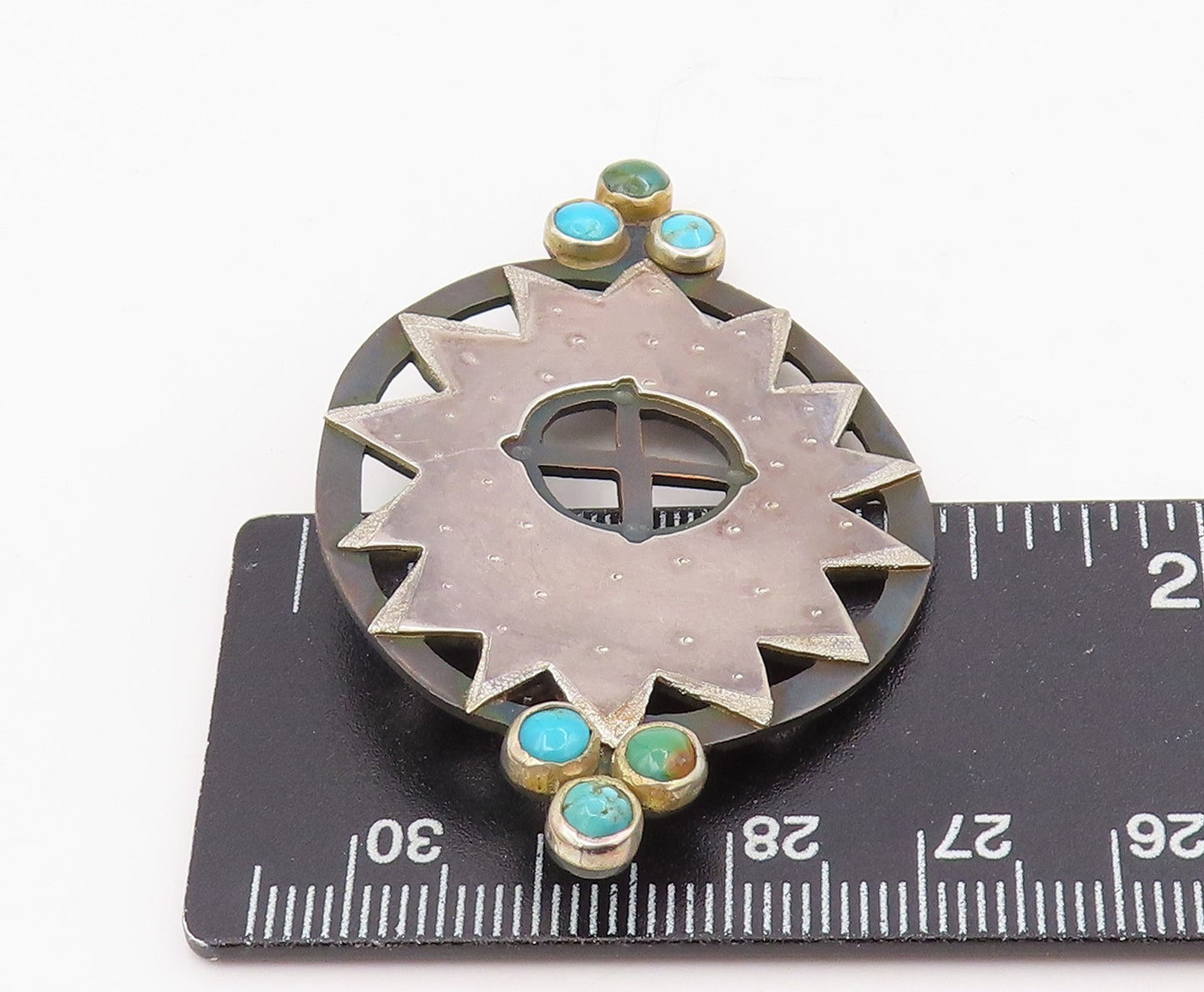 925 Sterling Silver Vintage Brooch Pin PAT GARRETT Turquoise Sunburst BP12218